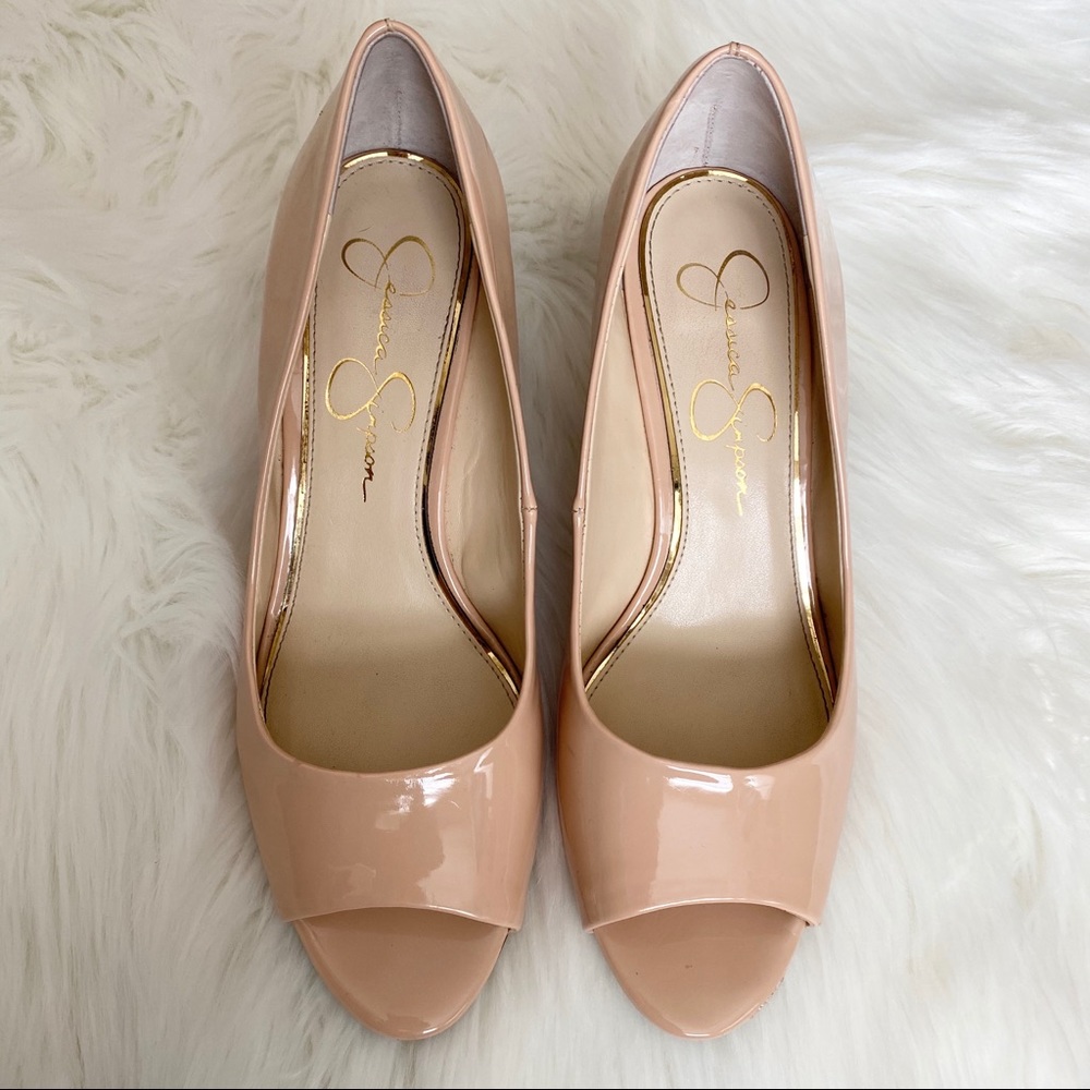 Jessica Simpson Nude Patent Peep-Toe Wedge Heels